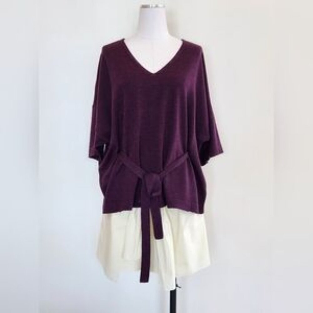Eileen Fisher Sz XL Purple V Neck Merino Wool Pullover Blouse Tunic Sweater Belt
